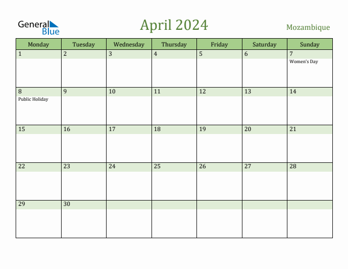 April 2024 Calendar with Mozambique Holidays