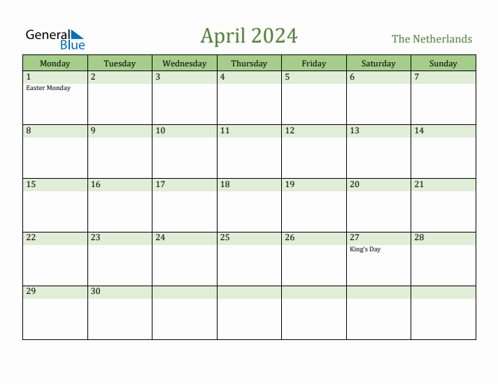 April 2024 Calendar with The Netherlands Holidays