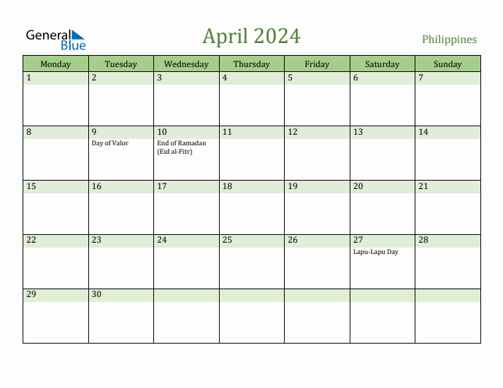 April 2024 Calendar with Philippines Holidays