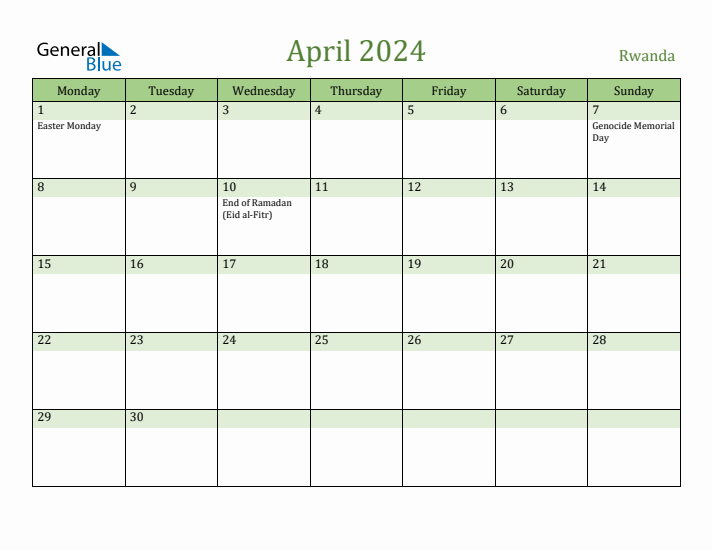 April 2024 Calendar with Rwanda Holidays