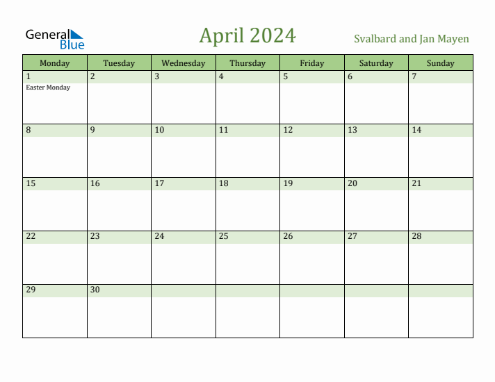 April 2024 Calendar with Svalbard and Jan Mayen Holidays