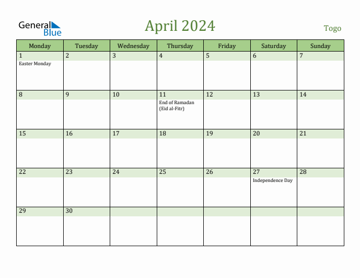 April 2024 Calendar with Togo Holidays