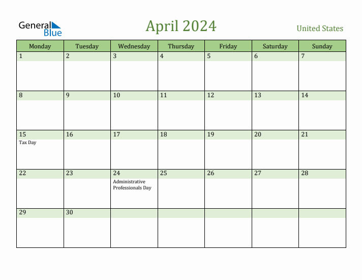 April 2024 Calendar with United States Holidays