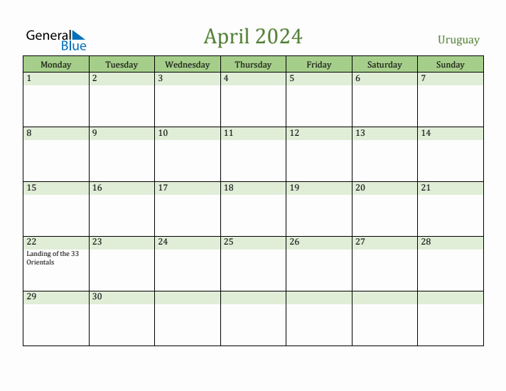 April 2024 Calendar with Uruguay Holidays