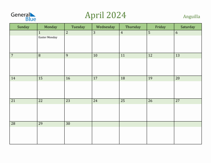 April 2024 Calendar with Anguilla Holidays