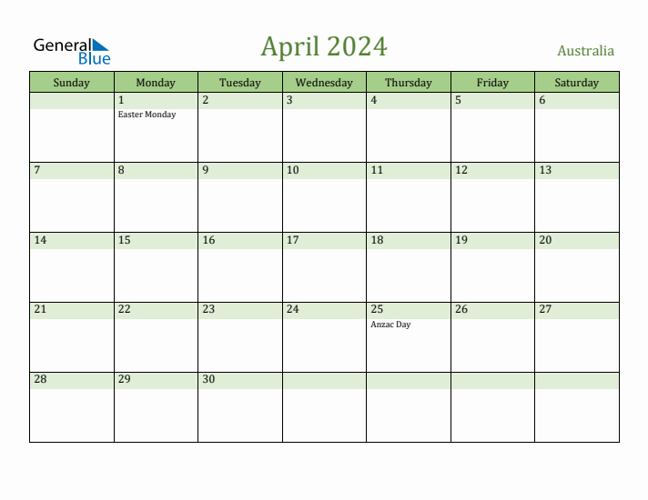 April 2024 Calendar with Australia Holidays