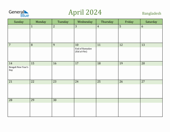 April 2024 Calendar with Bangladesh Holidays