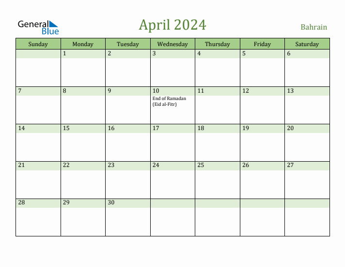 April 2024 Calendar with Bahrain Holidays