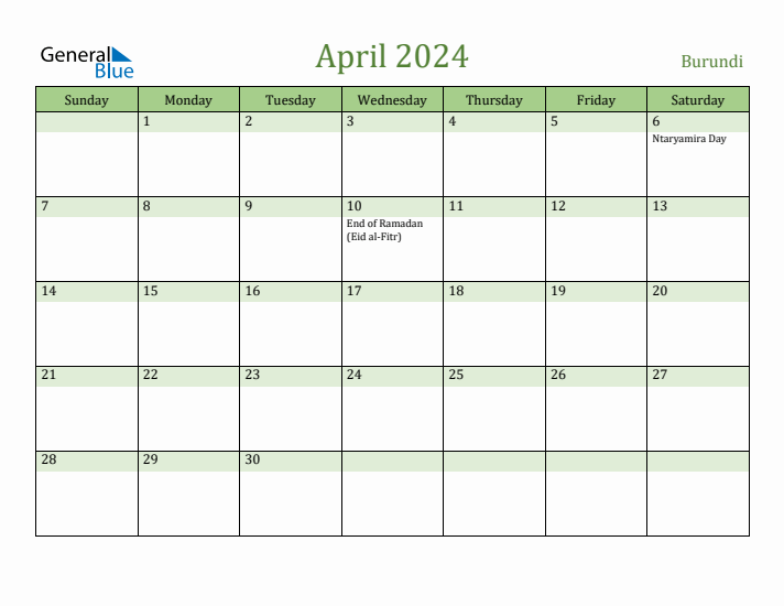 April 2024 Calendar with Burundi Holidays