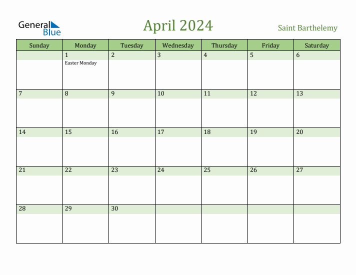 April 2024 Calendar with Saint Barthelemy Holidays