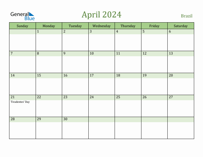 April 2024 Calendar with Brazil Holidays