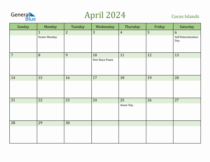 April 2024 Calendar with Cocos Islands Holidays