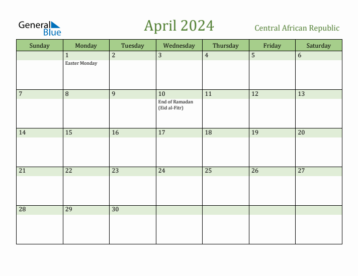 April 2024 Calendar with Central African Republic Holidays