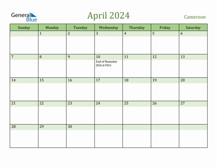 April 2024 Calendar with Cameroon Holidays