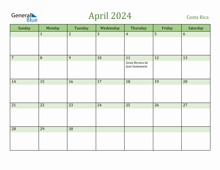 April 2024 Calendar with Costa Rica Holidays