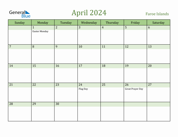 April 2024 Calendar with Faroe Islands Holidays