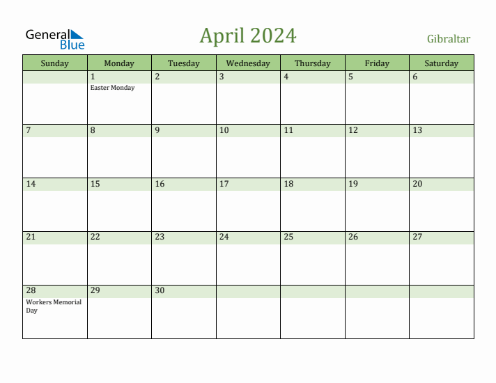 April 2024 Calendar with Gibraltar Holidays