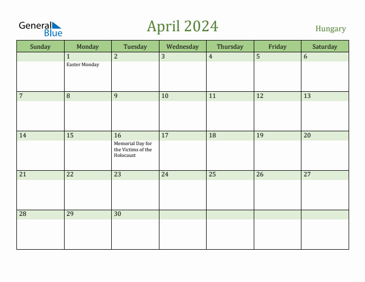 April 2024 Calendar with Hungary Holidays