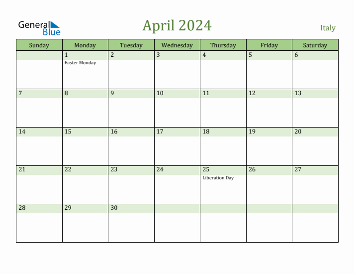 April 2024 Calendar with Italy Holidays