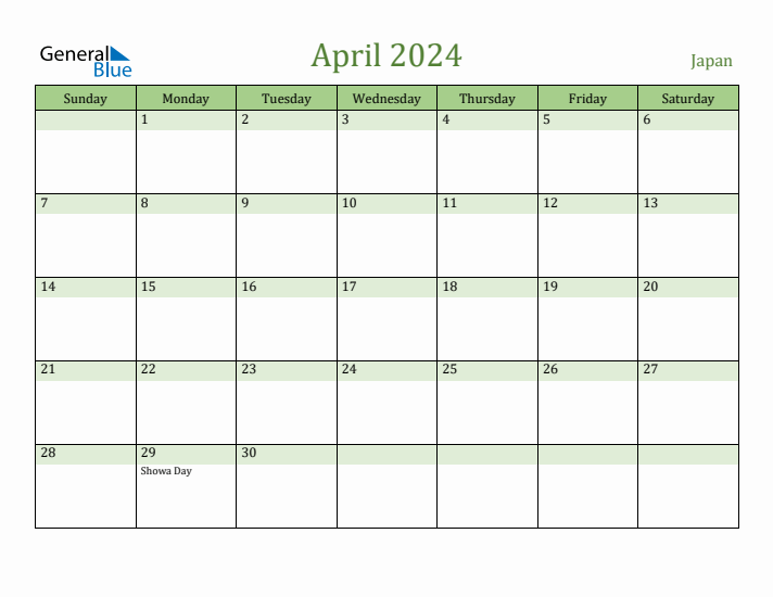 April 2024 Calendar with Japan Holidays