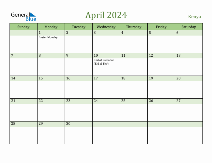 April 2024 Calendar with Kenya Holidays