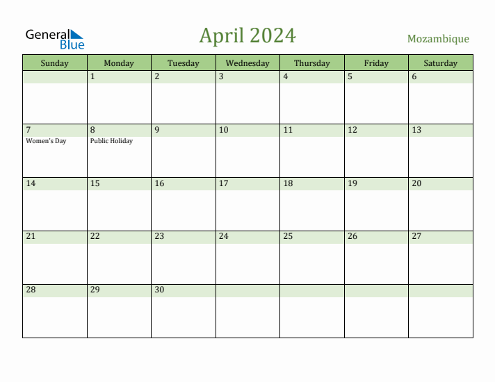 April 2024 Calendar with Mozambique Holidays