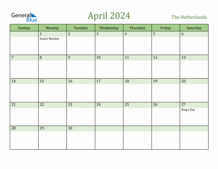 April 2024 Calendar with The Netherlands Holidays