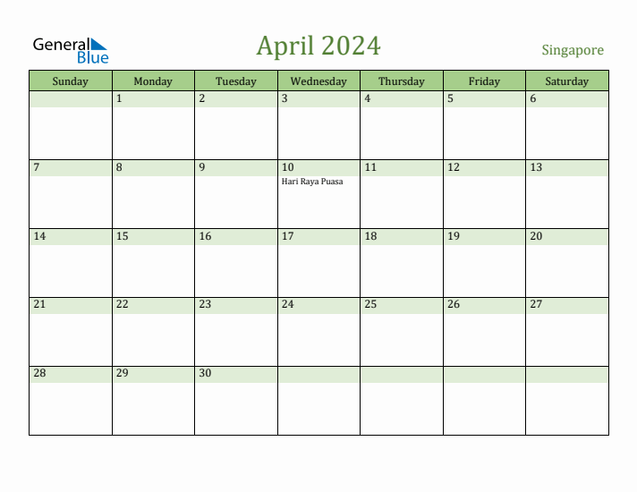 April 2024 Calendar with Singapore Holidays