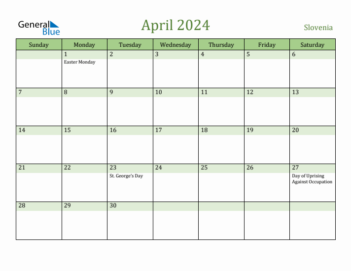 April 2024 Calendar with Slovenia Holidays