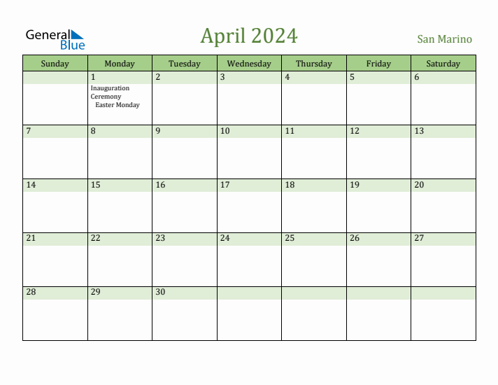 April 2024 Calendar with San Marino Holidays