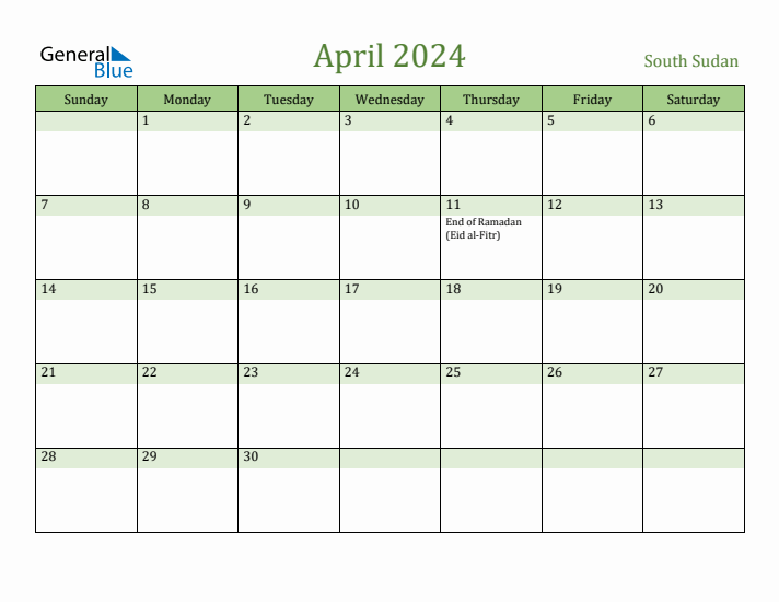 April 2024 Calendar with South Sudan Holidays