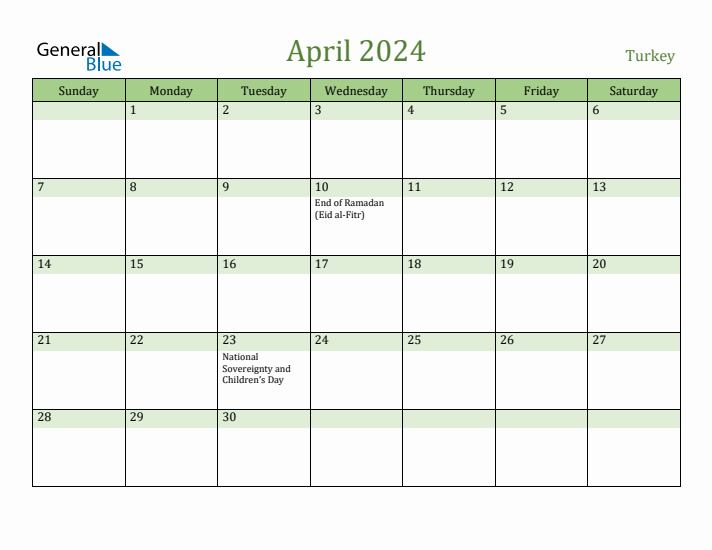 April 2024 Calendar with Turkey Holidays