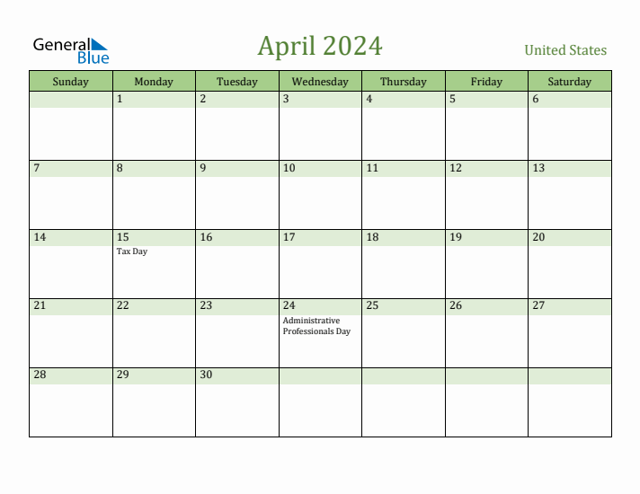 April 2024 Calendar with United States Holidays