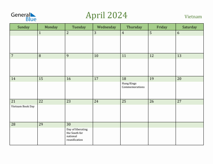 April 2024 Calendar with Vietnam Holidays