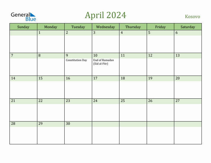 April 2024 Calendar with Kosovo Holidays