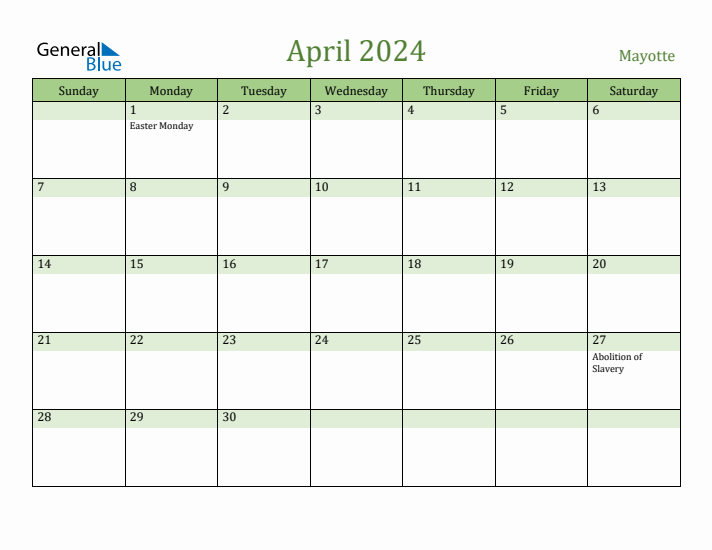 April 2024 Calendar with Mayotte Holidays