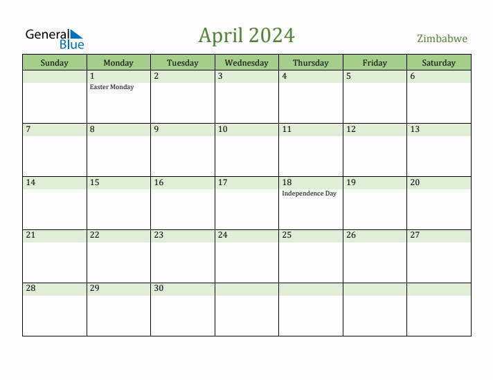 April 2024 Calendar with Zimbabwe Holidays