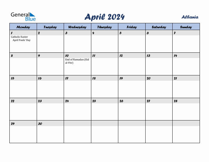 April 2024 Calendar with Holidays in Albania