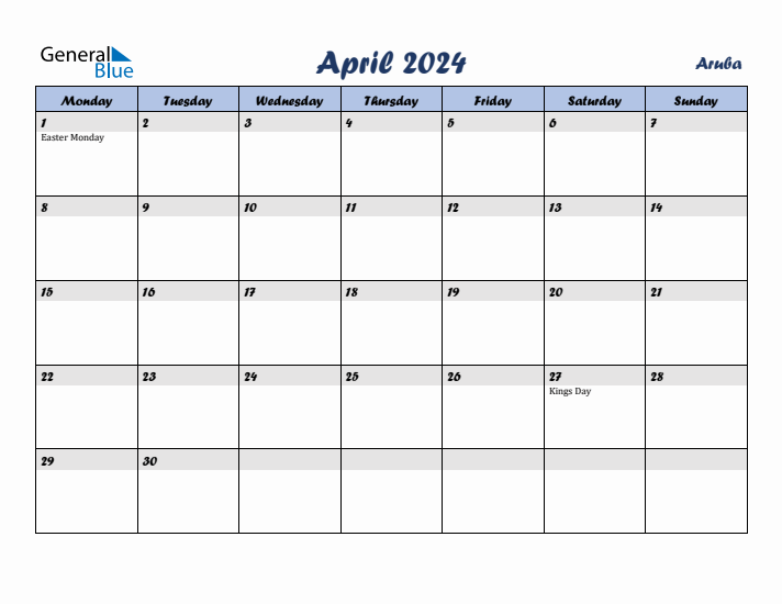 April 2024 Calendar with Holidays in Aruba