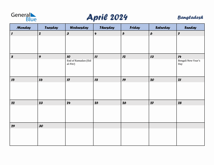 April 2024 Calendar with Holidays in Bangladesh