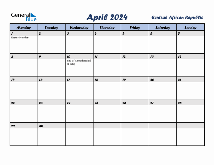 April 2024 Calendar with Holidays in Central African Republic