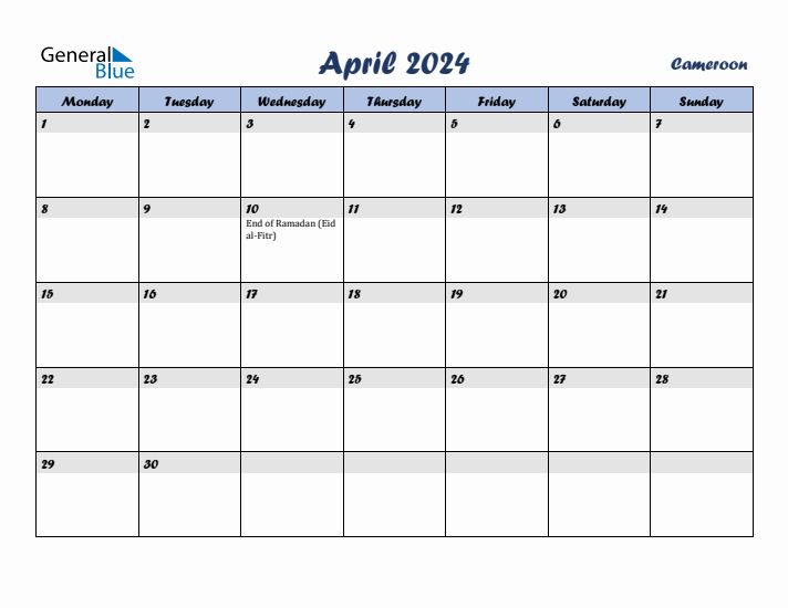 April 2024 Calendar with Holidays in Cameroon