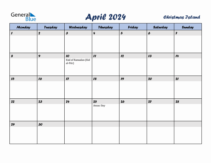 April 2024 Calendar with Holidays in Christmas Island