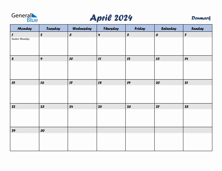 April 2024 Calendar with Holidays in Denmark