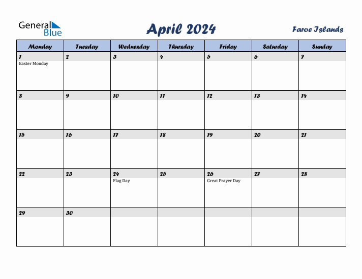 April 2024 Calendar with Holidays in Faroe Islands