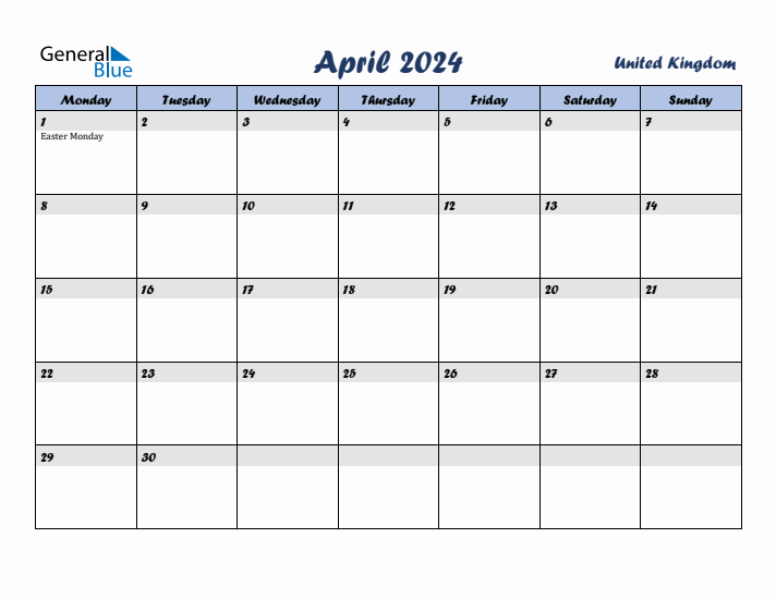 April 2024 Calendar with Holidays in United Kingdom