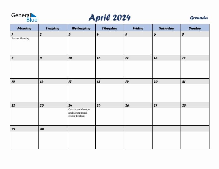 April 2024 Calendar with Holidays in Grenada