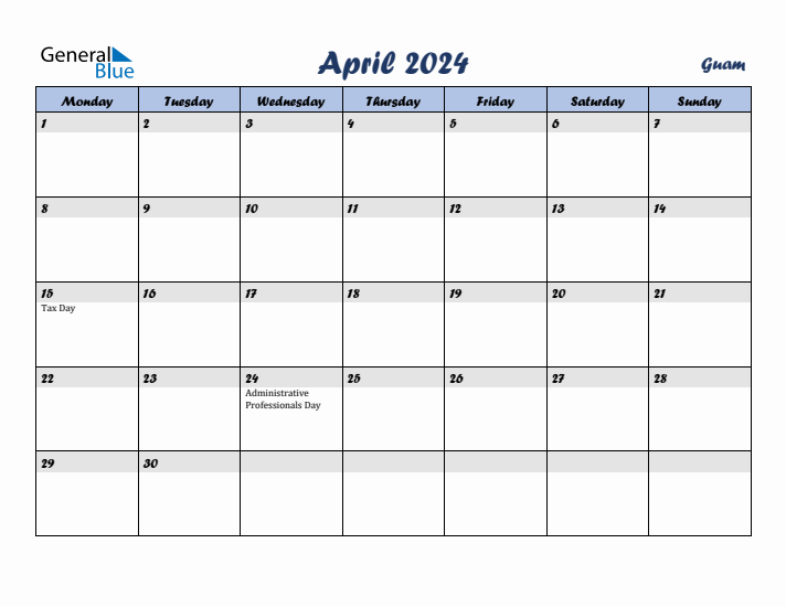 April 2024 Calendar with Holidays in Guam