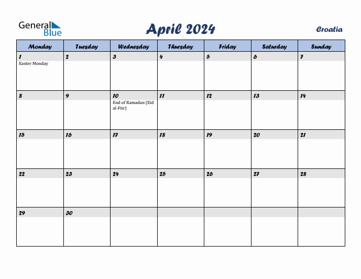 April 2024 Calendar with Holidays in Croatia