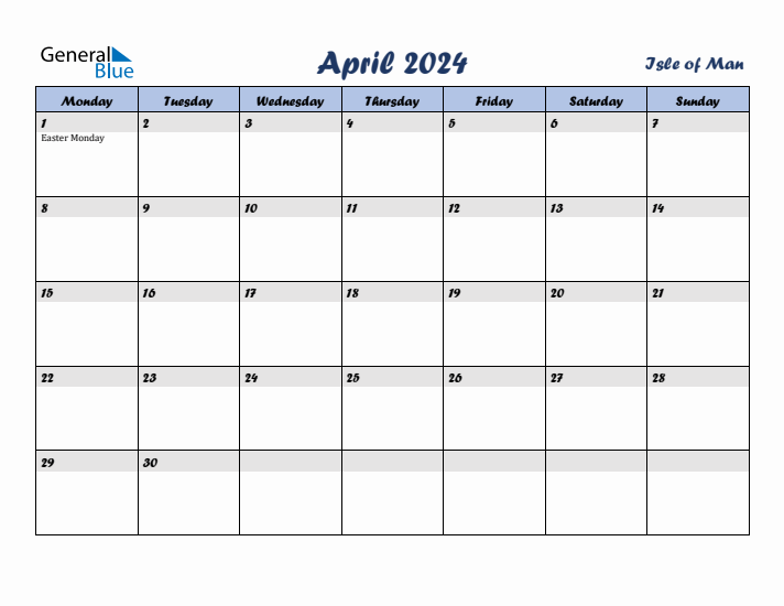 April 2024 Calendar with Holidays in Isle of Man